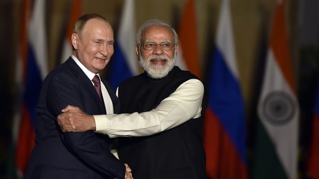 Prime Minister Narendra Modi with Russian President Vladimir Putin in New Delhi on December 6, 2021.