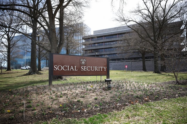 A sign in front of the entrance of the Security Administration&#39;s main campus on March 19, 2025 in Woodlawn, Maryland.