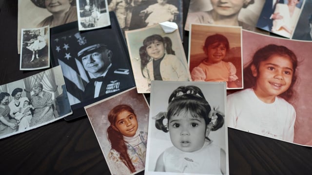 Childhood photographs of a South Korean adoptee and a picture of her father, a US serviceman