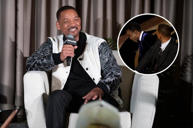 Will Smith attends SiriusXM&#39;s &#34;Sway In The Morning&#34; at the Hard Rock Cafe on March 25, 2025 in Philadelphia, Pennsylvania. In the inset image, the actor slaps Chris Rock onstage during the 94th Annual Academy Awards at the Dolby Theatre on March 27, 2022 in Hollywood, California.