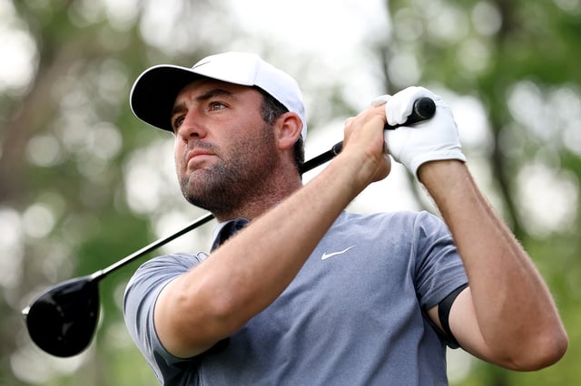 Scottie Scheffler of the United States plays his shot from the sixth tee prior to the Texas Children&#39;s Houston Open 2025 at Memorial Park Golf Course on March 26, 2025 in Houston, Texas.