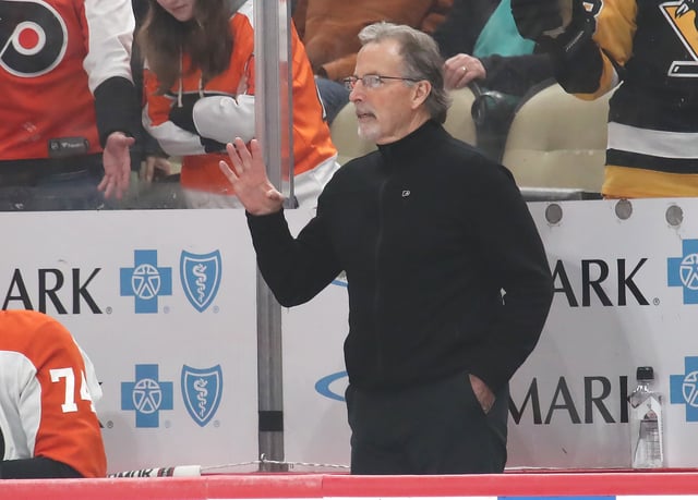 Feb 27, 2025; Pittsburgh, Pennsylvania, USA;  Philadelphia Flyers head coach John Tortorella reacts on the bench against the Pittsburgh Penguins during the second period at PPG Paints Arena. Mandatory Credit: Charles LeClaire-Imagn Images/File Photo