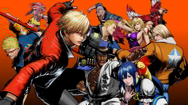 Fatal Fury City of the Wolves art; a mix of anime style characters on a red background
