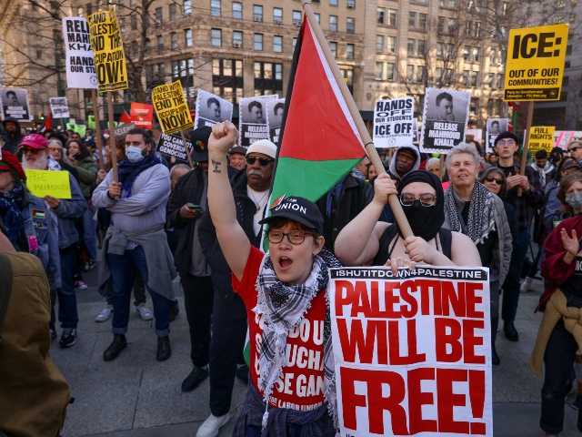 Protestors demonstrate and demand the release of Palestinian activist Mahmoud Khalil, Monday, March 10, 2025, outside the Jacob K. Javits Federal Building in New York. (AP Photo/Yuki Iwamura)