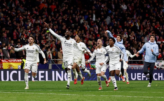 Soccer Football - Champions League - Round of 16 - Second Leg - Atletico Madrid v Real Madrid - Metropolitano, Madrid, Spain - March 12, 2025 Real Madrid's Antonio Rudiger celebrates with teammates after the match REUTERS/Juan Medina/File Photo