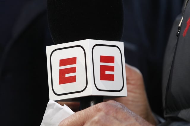 ESPN logo on microphone during the Dutch Eredivisie match between NAC Breda and SC Heerenveen at the Rat Verlegh Stadium on Jan. 12, 2025, in Breda, Netherlands.