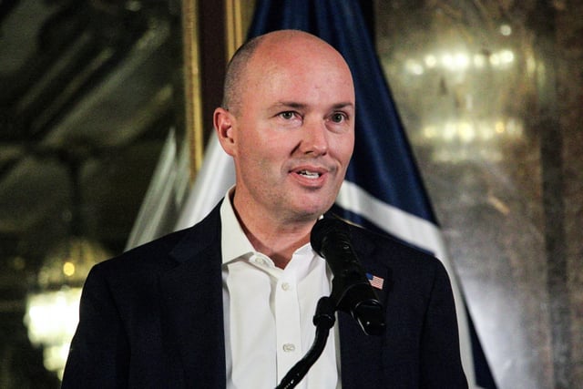 Utah Gov. Spencer Cox addresses reporters about a bill changing the state's mail-in voting system in Salt Lake City on March 7, 2025.