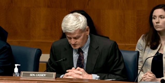 Sen. Bill Cassidy (R-LA) at Senate hearing to address antisemitism at college campuses on Thursday. (Pool photo via AP)
