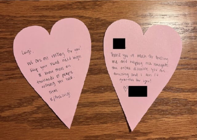 The note — plus another heart-shaped message addressed to someone called “Joan” — was hidden in a piece of cardboard in a new pair of Argyle socks that were bound for Luigi Mangione. (Handout)