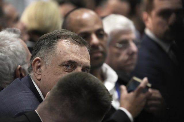 Bosnian Serb President Milorad Dodik, center left, attends the International Conference on Combating Antisemitism, in Jerusalem, Thursday, March 27, 2025. (AP Photo/Leo Correa)