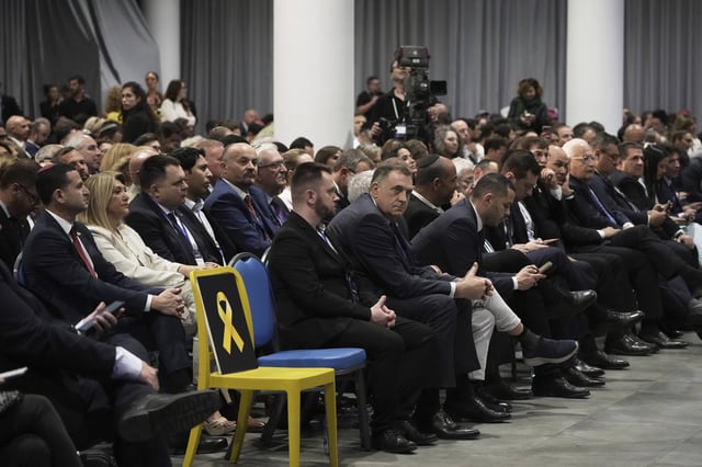 Bosnian Serb President Milorad Dodik, center, attends the International Conference on Combating Antisemitism, in Jerusalem, Thursday, March 27, 2025. (AP Photo/Leo Correa)