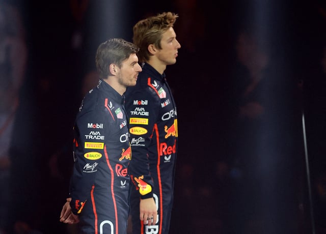 Formula One F1 - F1 75 Live Season Launch - The O2, London, Britain - February 18, 2025 Red Bull's Max Verstappen and Liam Lawson during the launch REUTERS/Andrew Boyers/File Photo