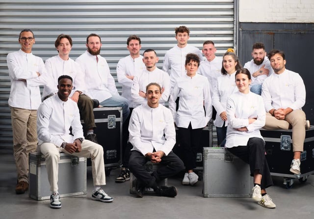 Les 14 candidats de la 16e saison de «Top Chef» (de haut en bas et de droite à gauche) : Esteban Salazar, Sean Gabbiani, Noé Pellet, Charles Neyers, Quentin Mauro, Charlie Anne, Grégoire Touchard (au centre), Noémie Cadre, Margaux Elie, Steven Thiebault-Pellegrino, Rémi Blanpoil, Claudio Semedo Borges, Killian Franchesi, Philippine Jaillet.