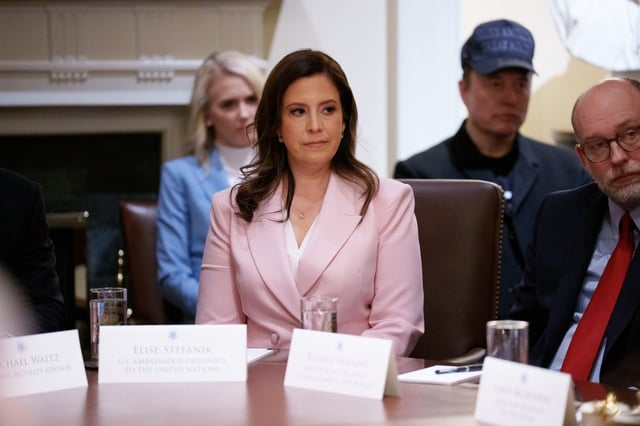 U.S. Ambassador Designate to the United Nations Elise Stefanik during a Cabinet meeting at the White House on February 26, 2025 in Washington, DC. U.S.