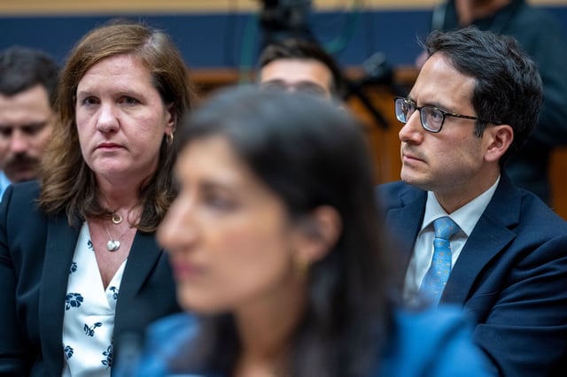 Federal Trade Commission members Rebecca Kelly Slaughter, left, and Alvaro Bedoya during a hearing in Washington, DC, on July 13, 2023.