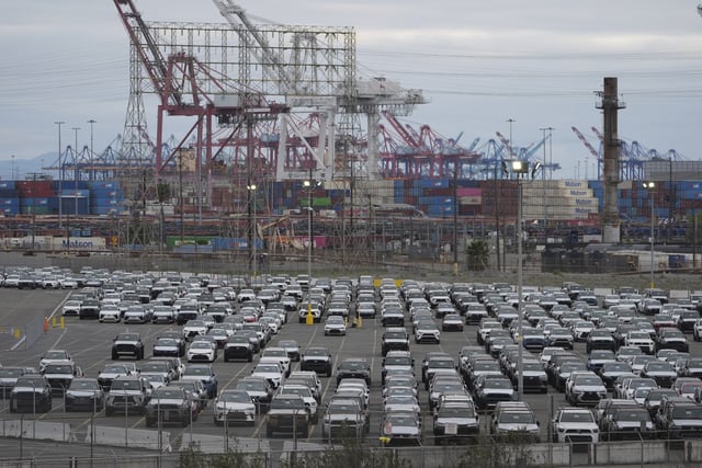New Toyota vehicles are stored at the Toyota Logistics Service Inc., their most significant vehicle imports processing facility in North America, at the Port of Long Beach in Long Beach, Calif., Wednesday, March 26, 2025. (AP Photo/Damian Dovarganes)