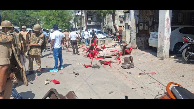 The scene outside Ramjilal Suman’s house after the Karni Sena attack in Agra on Wednesday. (HT File Photo)