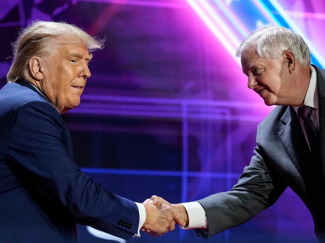 WASHINGTON, DC - JUNE 24: Republican presidential candidate former U.S. President Donald Trump shakes hands with Sen. Lindsey Graham (R-SC) as he arrives onstage to speak at the Faith and Freedom Road to Majority conference at the Washington Hilton on June 24, 2023 in Washington, DC. Trump spoke on a range of topics, including his recent federal indictment, to an audience of conservative evangelical Christians. (Photo by Drew Angerer/Getty Images)