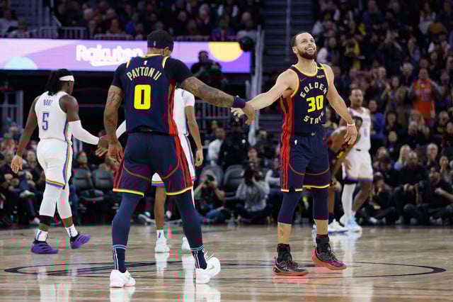 Gary Payton II #0 and Stephen Curry #30 of the Golden State Warriors react after a play in the third quarter against the Oklahoma City Thunder at Chase Center on January 29, 2025 in San Francisco, California.