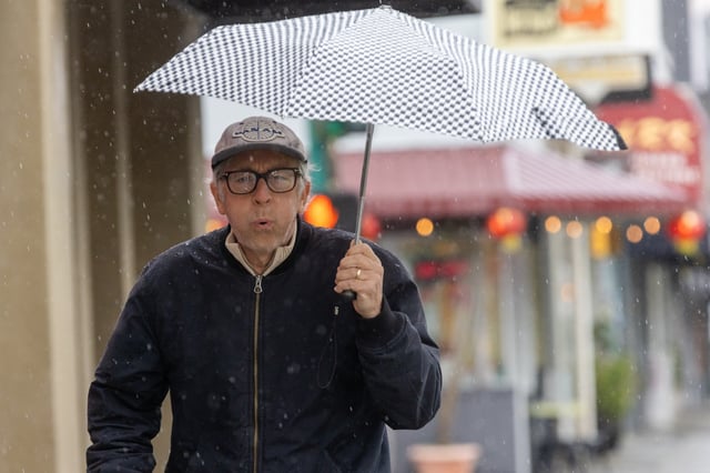 A pedestrian walks down a sidewalk while holding an umbrella during a rainstorm in Alameda, Calif., on March 12, 2025.