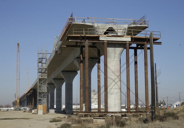 This Dec. 6, 2017 file photo shows one of the elevated sections of the high-speed rail under construction in Fresno, Calif.