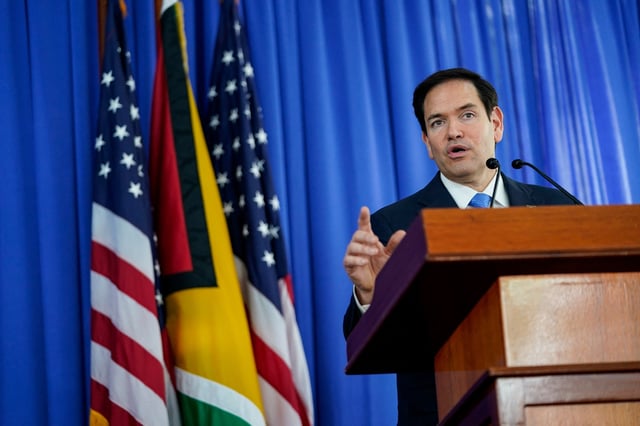 U.S. Secretary of State Marco Rubio speaks during a press conference with Guyanese President Mohamed Irfaan Ali (not pictured), in Georgetown, Guyana, March 27, 2025. REUTERS/Nathan Howard/Pool