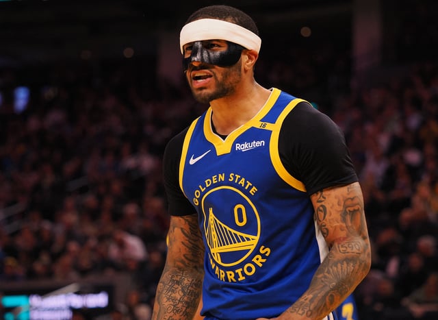 Mar 17, 2025; San Francisco, California, USA; Golden State Warriors guard Gary Payton II (0) reacts after being called for a foul against the Denver Nuggets during the third quarter at Chase Center. Mandatory Credit: Kelley L Cox-Imagn Images/File Photo