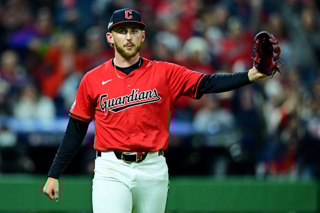 Oct 19, 2024; Cleveland, Ohio, USA; Cleveland Guardians pitcher Tanner Bibee (28) reacts after a double play during the fifth inning during game five of the ALCS for the 2024 MLB playoffs at Progressive Field. Mandatory Credit: David Dermer-Imagn Images/File Photo