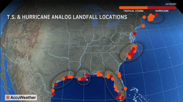A map from AccuWeather shows where in Texas could face a higher risk of direct impacts from hurricanes this coming season.