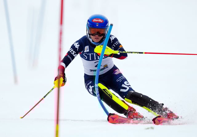 Mar 27, 2025; Sun Valley, ID, USA; Mikaela Shiffrin of the United States during the second run of the slalom alpine skiing race in the 2025 FIS Ski World Cup at Sun Valley. Mandatory Credit: Christopher Creveling-Imagn Images