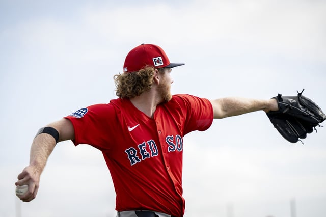 Noah Davis #65 of the Boston Red Sox throws during a Spring Training workout at JetBlue Park at Fenway South on February 12, 2025 in Fort Myers, Florida.