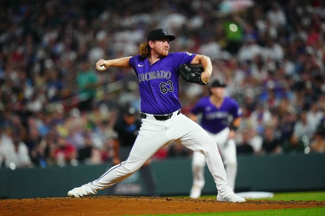 Jul 23, 2024; Denver, Colorado, USA; Colorado Rockies relief pitcher Noah Davis (63) delivers a pitch in the eighth inning against the Boston Red Sox at Coors Field. Mandatory Credit: Ron Chenoy-USA TODAY Sports/File Photo