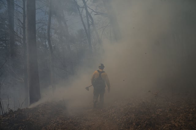 A firefighter works to control the Black Cove Fire Wednesday, March 26, 2025, in Saluda, N.C. (AP Photo/Allison Joyce)
