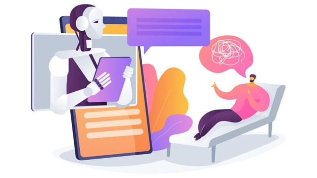 AI Mental Health Chatbot abstract concept vector illustration. An individual engages with an AI chatbot providing cognitive behavioral therapy techniques. abstract metaphor.