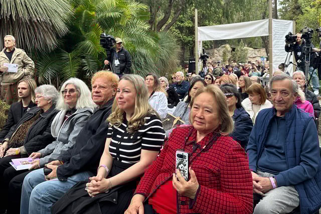 Fans and friends of the late actor Betty White attend the first day of issue dedication for her U.S. Postal Service stamp Thursday at the Los Angeles Zoo, Thursday, March 27, 2025, in Los Angeles. (AP Photo/Beth Harris)