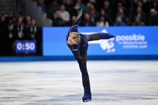 Mar 27, 2025; Boston, Massachusetts, USA; Ilia Malinin (USA) competes in the men short program during the ISU World Figure Skating Championships at TD Garden. Mandatory Credit: Brian Fluharty-Imagn Images