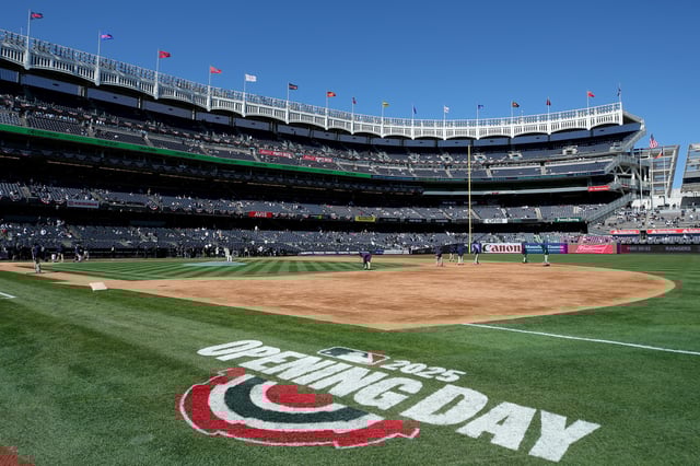 Mar 27, 2025; Bronx, New York, USA; General view of Yankee Stadium as the grounds crew prepares the field before an opening day game between the New York Yankees and the Milwaukee Brewers. Mandatory Credit: Brad Penner-Imagn Images
