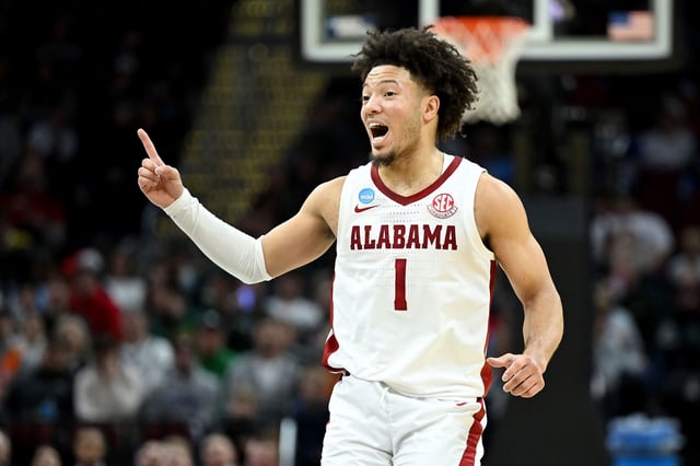 CLEVELAND, OHIO - MARCH 23: Mark Sears #1 of the Alabama Crimson Tide celebrates a basket against the Saint Mary's Gaels during the second half in the second round of the NCAA Men's Basketball Tournament at Rocket Mortgage Fieldhouse on March 23, 2025 in Cleveland, Ohio.  (Photo by Nick Cammett/Getty Images)