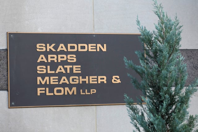 Signage is seen outside of the law firm Skadden, Arps, Slate, Meagher & Flom LLP in Washington, D.C., U.S., August 30, 2020. REUTERS/Andrew Kelly/File Photo