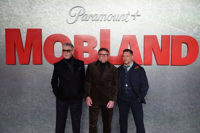 Director Guy Ritchie, cast members Tom Hardy and Pierce Brosnan attend the premiere of the TV series "MobLand" in London, Britain, March 27, 2025. REUTERS/Isabel Infantes