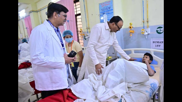 Deputy CM Brajesh Pathak meets kids admitted at Lok Bandhu hospital in Lucknow on Thursday. (Deepak Gupta/HT Photo)