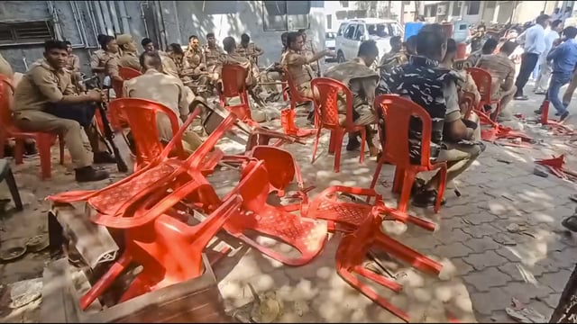 Broken chairs at Samajwadi Party MP Ramji Lal Suman's residence after it was attacked allegedly by Karni Sena workers, in Agra, Wednesday. (FILE PHOTO)