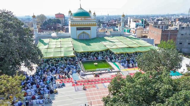 An aerial view of the devotees offering prayers (namaz) on the occasion of Jumma of Ramzan, at Shahi Jama Masjid in Sambhal earlier this month. 