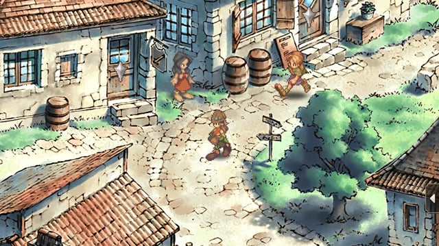A screenshot from SaGa Frontier 2, showing one of the protagonists wandering through a quaint fantasy village