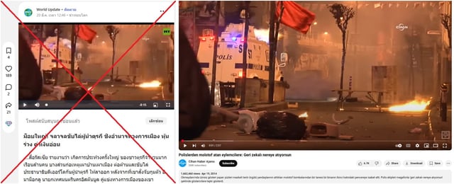 Screenshot comparison of the false post (left) and the YouTube video by Cihan News Agency (right)