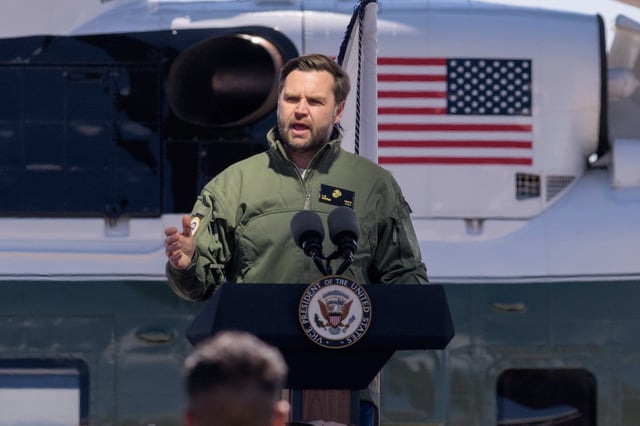 Vice President JD Vance speaks at Marine Corps Air Station Quantico during a tour Wednesday, March 26, 2025, in Quantico, Va. (AP Photo/Rod Lamkey, Jr.)