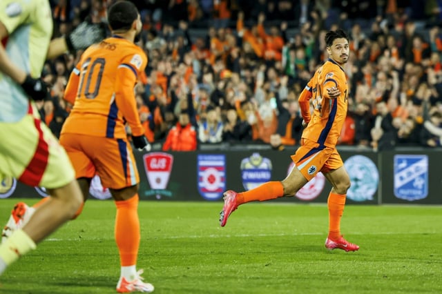 Tijjani Reijnders celebrates scoring for his country against Spain last week.