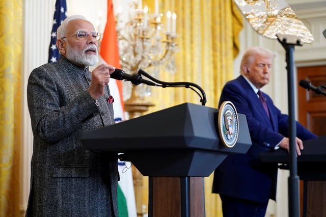 Indian Prime Minister Narendra Modi speaks during a joint press conference with U.S. President Donald Trump at the White House in Washington, D.C., U.S., February 13, 2025. REUTERS/Nathan Howard/File Photo