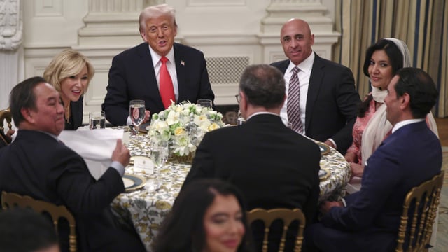 President Donald Trump attends the White House Iftar dinner in the State Dining Room.