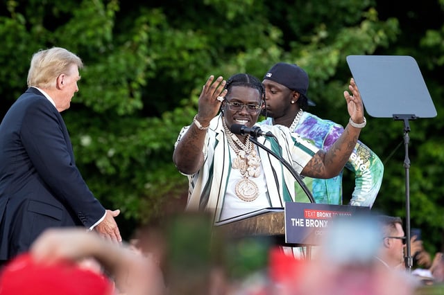NEW YORK, NEW YORK - MAY 23: Donald Trump is endorced by rappers Sheff G and Sleepy Hallow Speaks at a campaign event at Crotona Park in the South Bronx on Thursday, May 23, 2024. in New York City. (Photo by Steven Ferdman/GC Images)